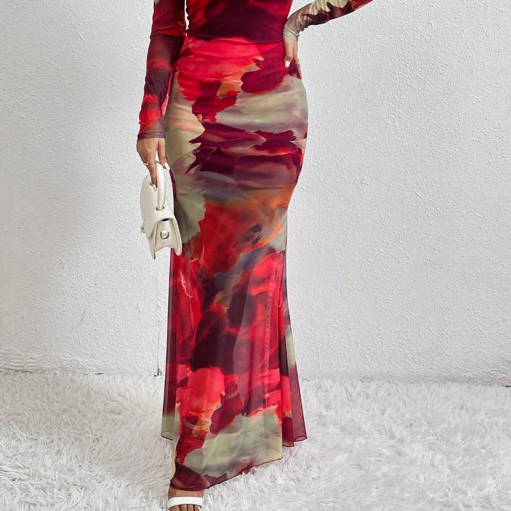 Red Preppy Women's Tie Dye Lettuce Edge Fish Tail Dress - Picture 5 of 5